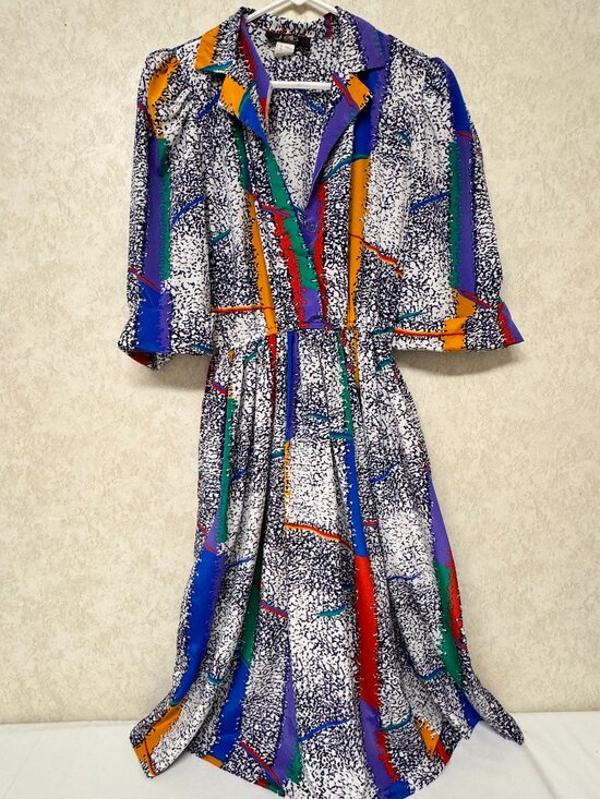 Dresses & Skirts - Vintage 80s Abstract Geometric Dress Memphis Print Colorblock Midi Retro Art Tea
